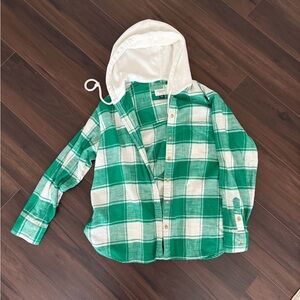 American Eagle Outfitters Green and White Plaid Hoodie